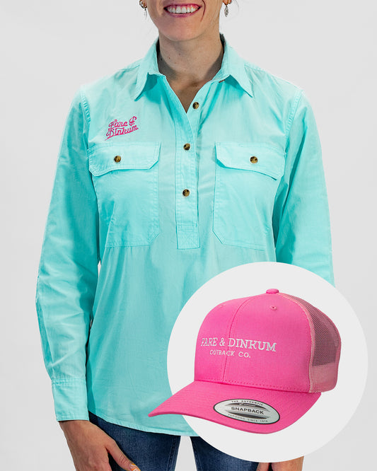 Ladies Work Shirt Sky Blue + Hat Bundle